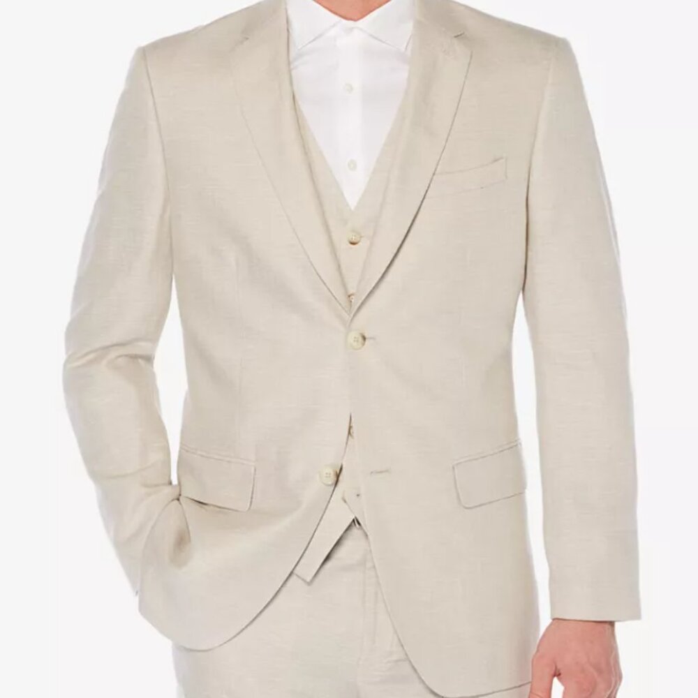Perry Ellis Classic Fit 40R Beige Herringbone Linen Blazer Timeless 2 Button New